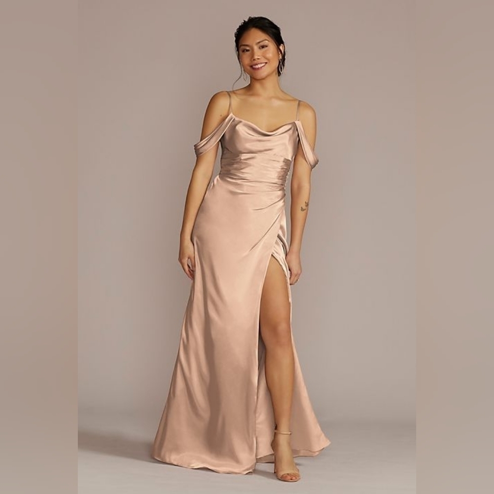 GALINA SIGNATURE charmeuse cowl bridesmaid dress with swag sleeves